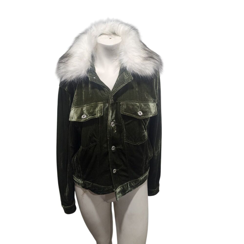 Me Too! Small Olive Green Velvet Jacket Faux Fur Hood Button Front Cozy Winter